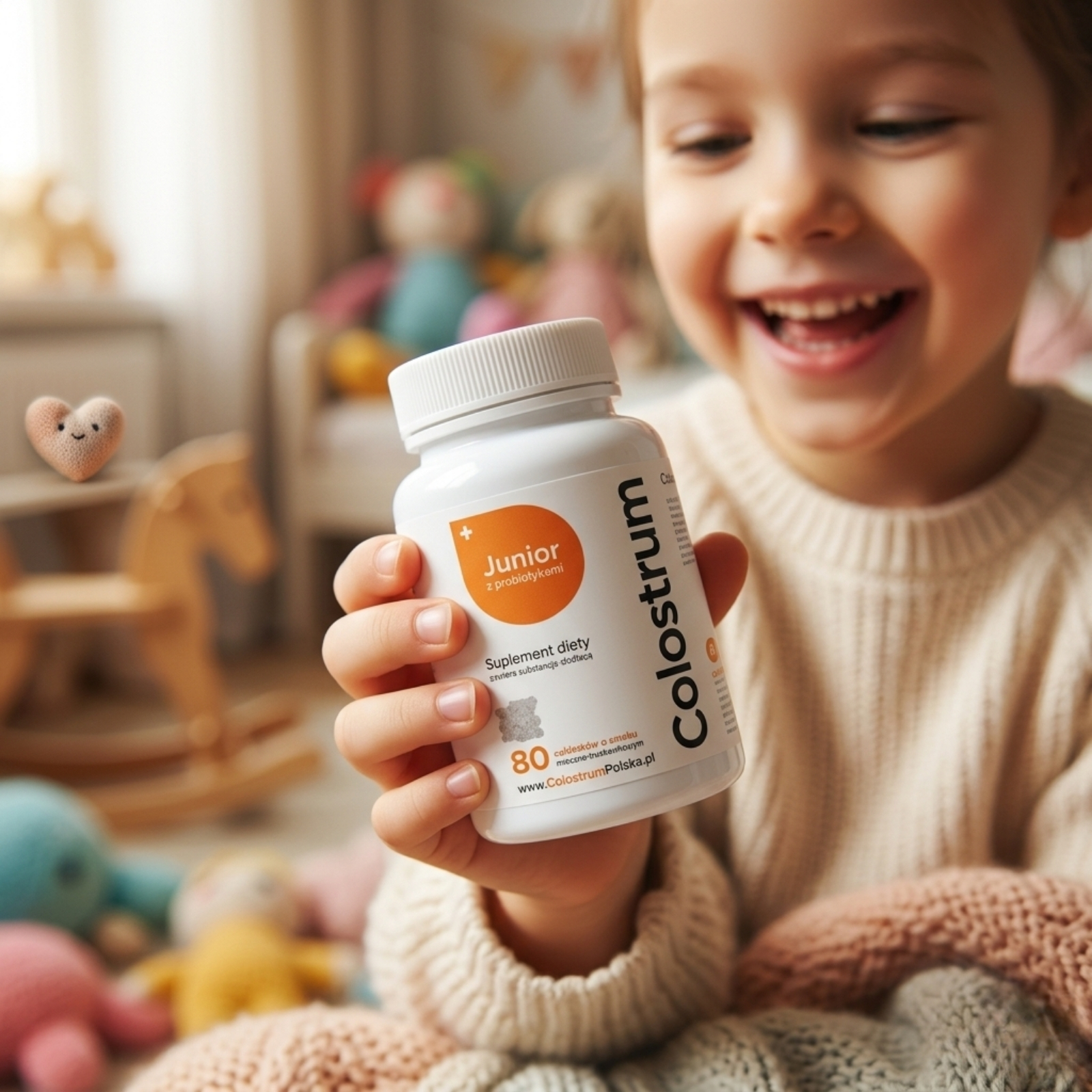 Butelka Colostrum Junior zawierająca pudrowe misie do ssania dla dzieci o smaku truskawki.